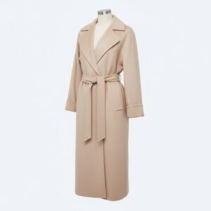 Christian Dior Beige Long Wool Blend Trench Coat Belted Lapel Collar Women